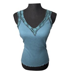 Y2K Vintage Blue Lace Fairycore Grunge Boho Whimsygoth Ribbed Cami Tank Top XS